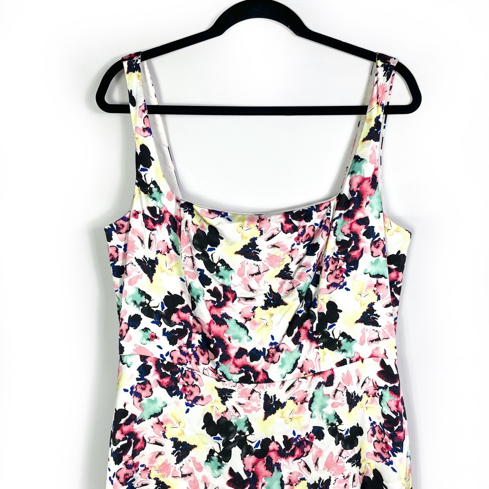 Aidan Mattox Floral Print Satin Midi Dress Square Neck Sleeveless White Size 12 - Picture 5 of 11